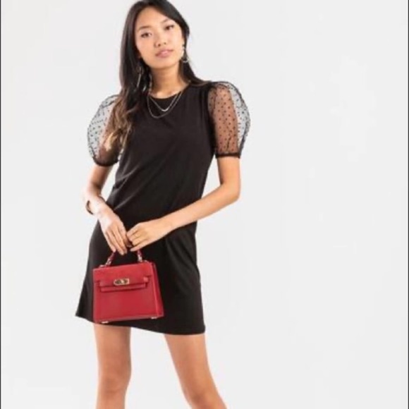 NEW Francesca’s Dana Black Polka Dot Organza Mesh Puff Sleeve Mini Dress NWT - Picture 1 of 3